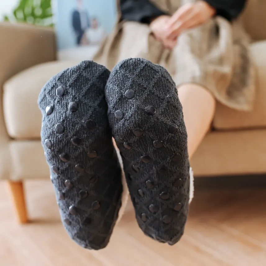 Clearance_Calcetines gruesos cálidos de invierno para mujer, antideslizantes, alfombra para el suelo del hogar, calcetines peludos, lana de cordero, terciopelo, colores sólidos, calcetines para dormir en interiores
