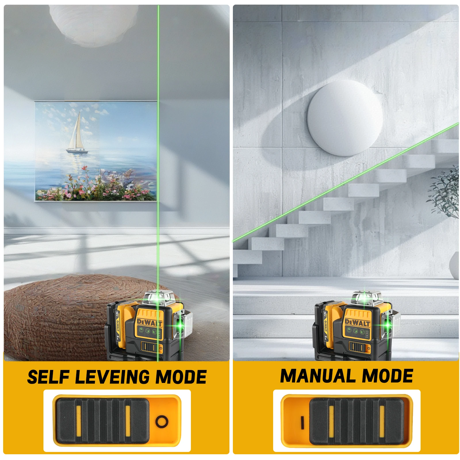 Dewalt DW089LG 3 côtés * 360 degrés Vertical 12V batterie au Lithium 12 lignes niveau Laser compteur vert horizontal machine nue extérieure
