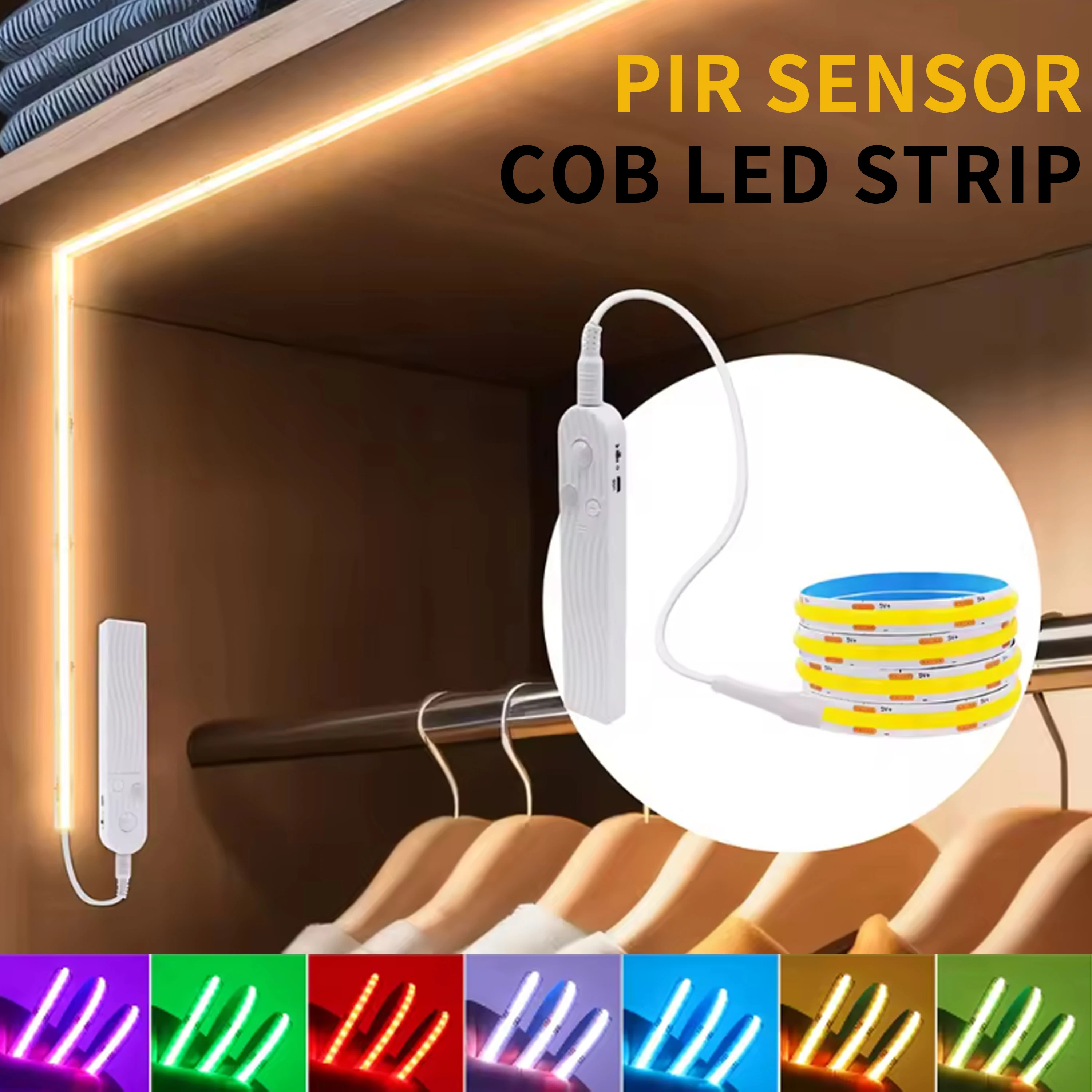 Taśma LED COB 5V 320LEDs/M z czujnikiem ruchu PIR, ściemnialna, elastyczna taśma LED, zasilana przez USB/baterie, do samodzielnego podświetlenia pokoju