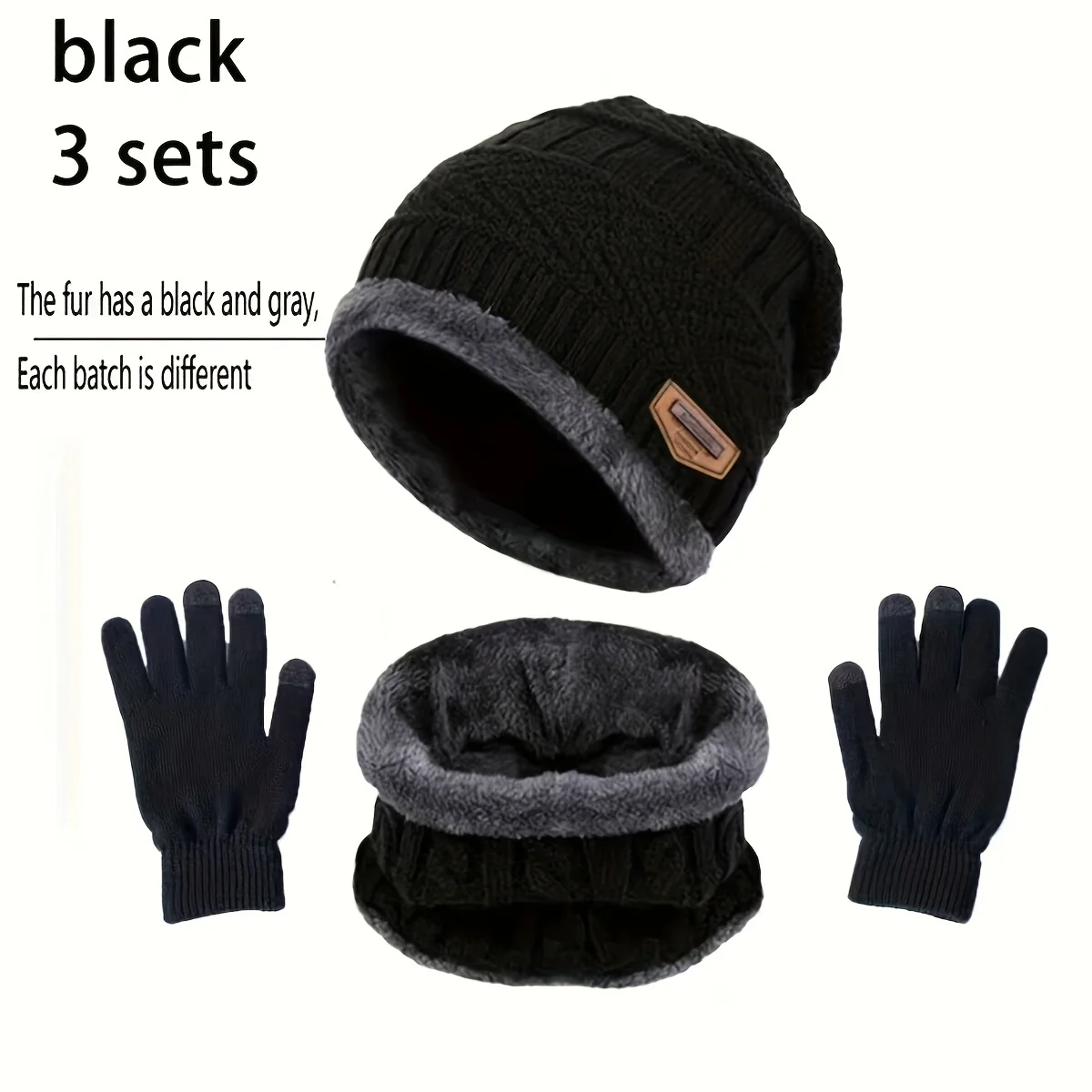 3 piezas de guantes cálidos de invierno, bufanda, aleros, gorro pequeño, conjunto de gorros de punto negros para hombres y mujeres