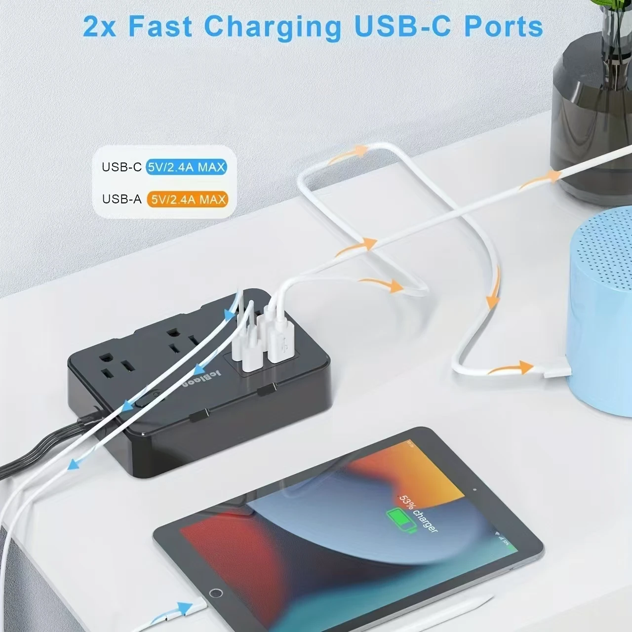Protetor contra surtos plugue americano plano ultrafino com 6 tomadas amplamente 4 portas USB, cabo extensor de 5 pés, adaptador de faixa de energia para escritório doméstico