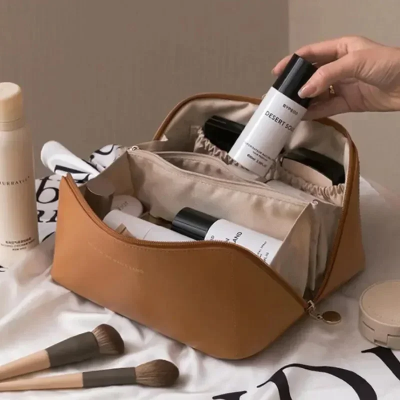 Bolsas de cosméticos de viaje de gran capacidad de cuero PU portátiles a la moda, bolsa de maquillaje para mujer, bolsa de lavado multifunción impermeable para baño