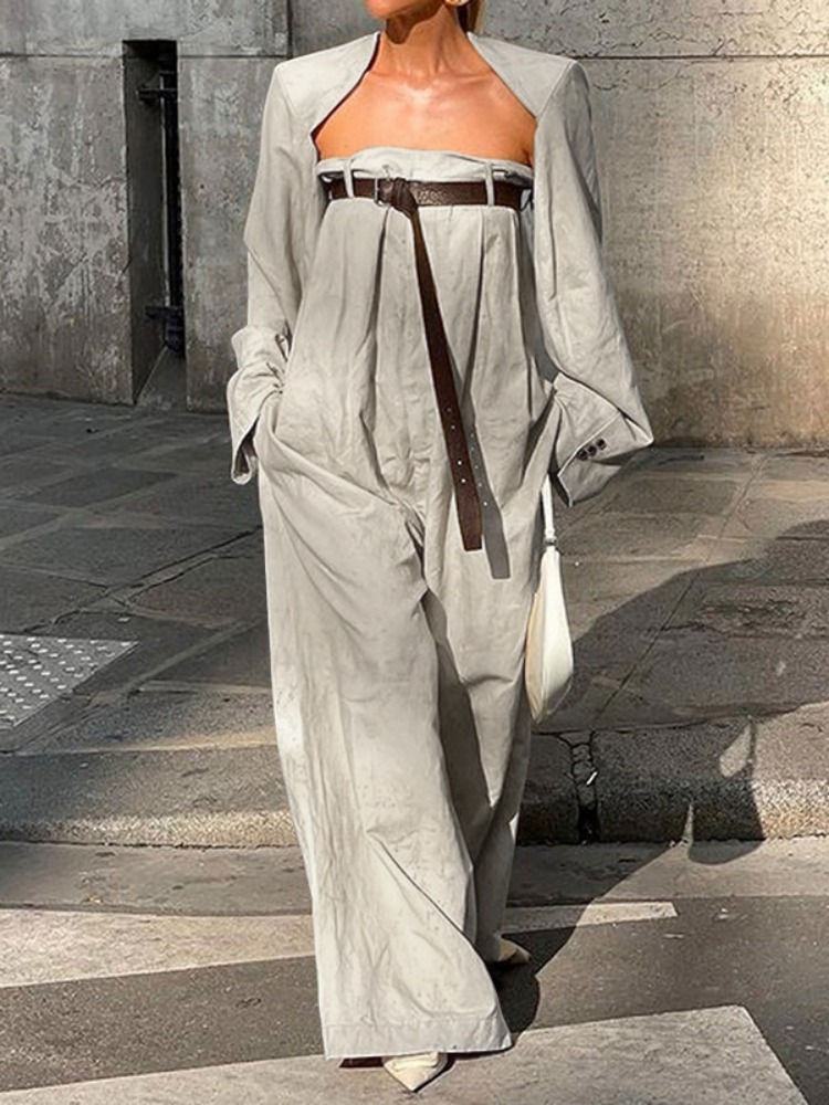 ชุดจั๊มสูทมีสไตล์ของผู้หญิง Freeacy ชุดแจ๊กเก็ตแขนยาวไม่มีปกและจั๊มสูทขากว้างไม่มีสายหนังฤดูร้อนชุดหลวมพอดี