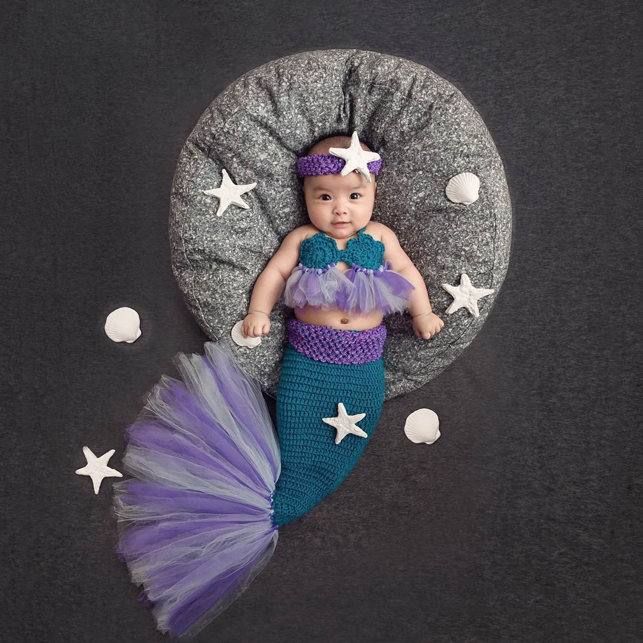 Traje de sirena púrpura, disfraz de fotografía de bebé, disfraz de fotografía de bebé, regalo de cumpleaños de sirena, accesorios para fotos, traje tejido de sirena