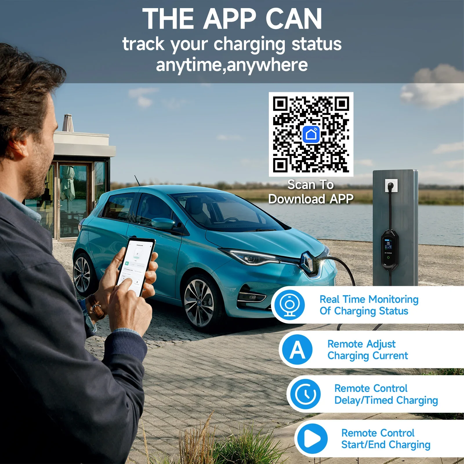 Afeev-ポータブル電気自動車充電器、ev充電器、gbt 20234、evse急速充電ケーブル、wifi、アプリ、Bluetooth、リモートコントロール、3.5kW、16a