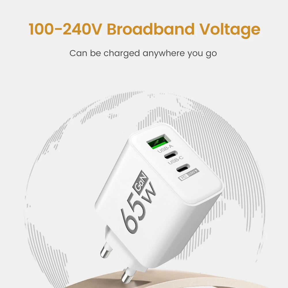 PD 65 Вт USB C Зарядное устройство GaN Зарядное устройство Quick Charge 3.0 Тип C Телефонный адаптер для iPhone 15 14 Samsung Xiaomi 3 порта Быстрое настенное зарядное устройство