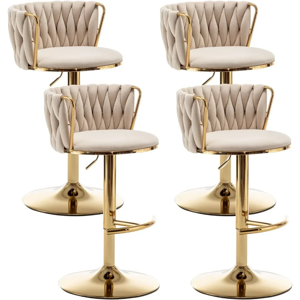 Gold Velvet Bar Stools Set of 4, Swivel Counter Height Bar Stools with Back, Adjustable Woven Barstools for Kitchen Island, Pub,