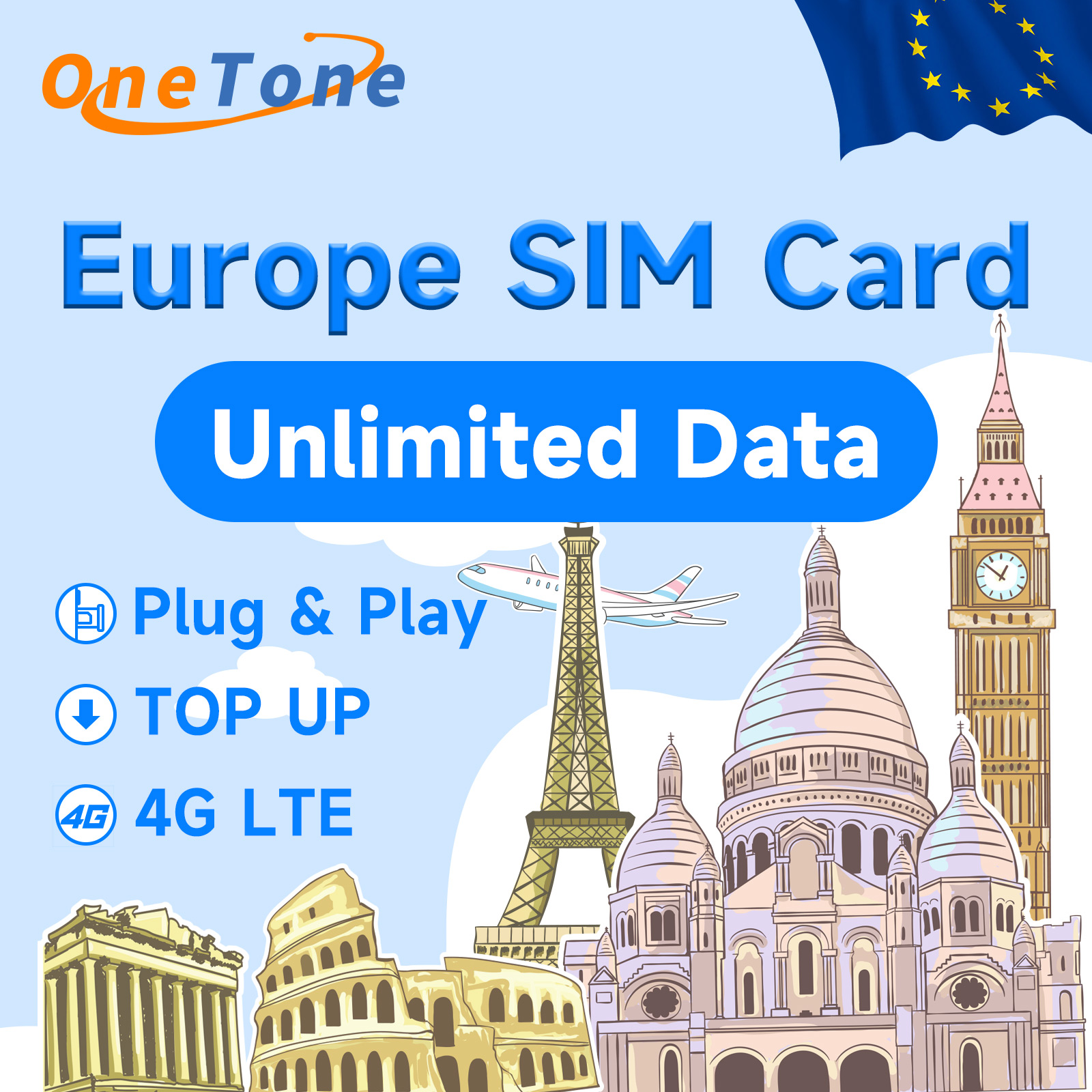 Tarjeta SIM de datos prepago de Europa Datos 4G ilimitados Plug-and-play Reino Unido España Francia Turquía Tarjeta SIM solo admite eSIM