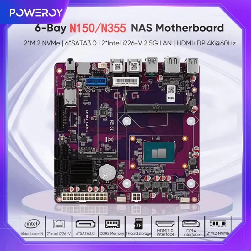 12th Gen i3-N355 N150 2*Intel i226-V 2.5G NAS Motherboard 6-Bay 6*SATA3.0 Soft Rout 1*DDR5 4800MHz Firewall ITX Mainboard