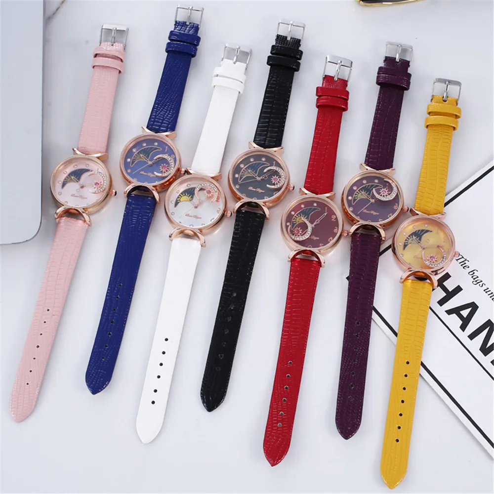 Relojes elegantes de Luna con diamantes para mujer, relojes de pulsera de cuarzo de lujo a la moda, reloj de cuero informal para mujer, reloj creativo para mujer