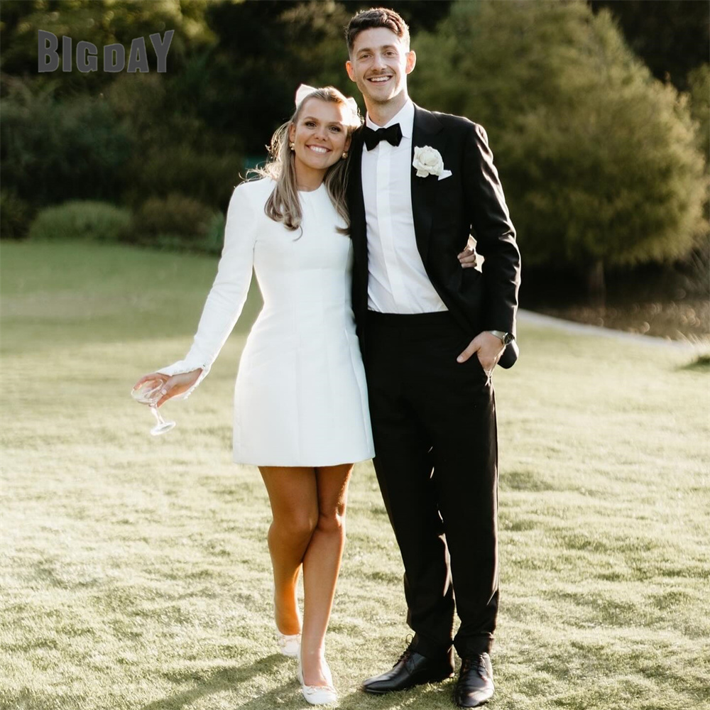 Vestido De novia corto elegante, manga larga, cuello redondo, botones, cremallera en la espalda, vestido De novia sencillo por encima De la rodilla, Vestidos De novia personalizados