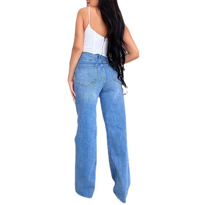 女性ジーンズワイドレッグパンツデニムハイウエストジッパーフライ洗濯穴ポケットハイストリート足首丈フラッシュ春 2024