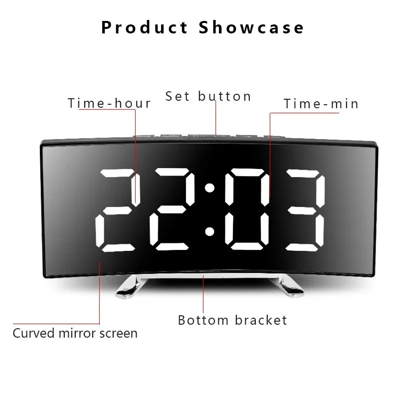 Orologio elettronico curvo creativo, sveglia a specchio a doppio scopo con batteria plug-in a schermo grande a LED, dedicata alla camera da letto degli studenti