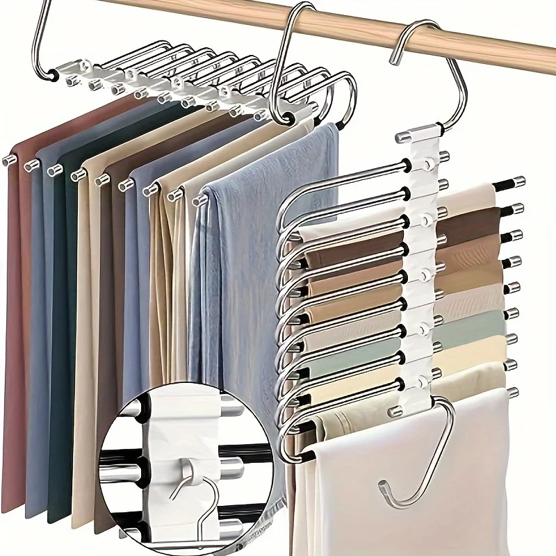 Estante para pantalones de acero inoxidable pulido plegable de 9 capas, herramienta de almacenamiento y gancho, organizador de armario multifuncional en forma de S
