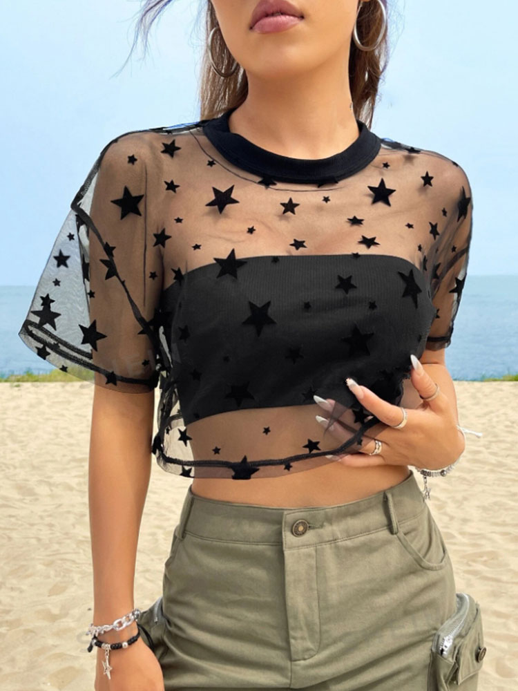 Trajes de verano Top corto de malla con hombros caídos y estampado de estrellas sin camisola