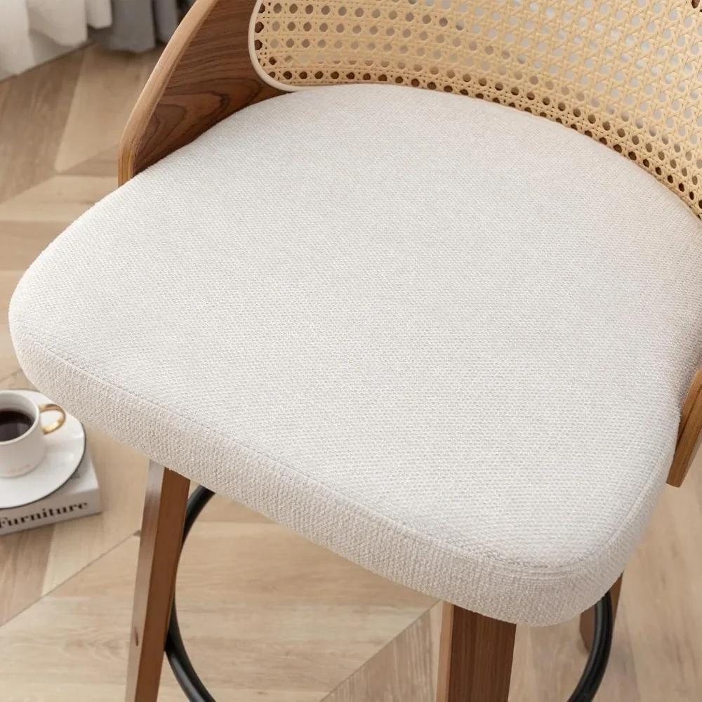 26" Swivel Rattan Bar Stools Set of 2,Mid-Century Modern Beige Linen Fabric Upholstered Counter Height Stools,Kitchen Island