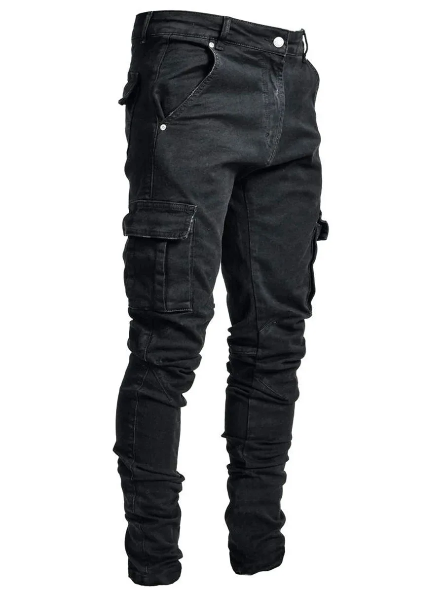 Neue Jeans Männer Hosen Waschen Einfarbig Multi Taschen Denim Mittlere Taille Cargo Jeans Plus Größe Mode Casual Hosen Männlichen Täglichen Verschleiß
