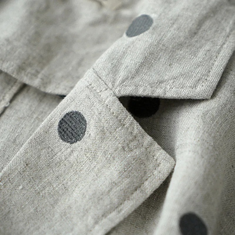 Jaqueta feminina de algodão e linho de bolinhas, manga comprida, cardigã solto, peito único, camisa de grandes dimensões, outwears coreanos, outono