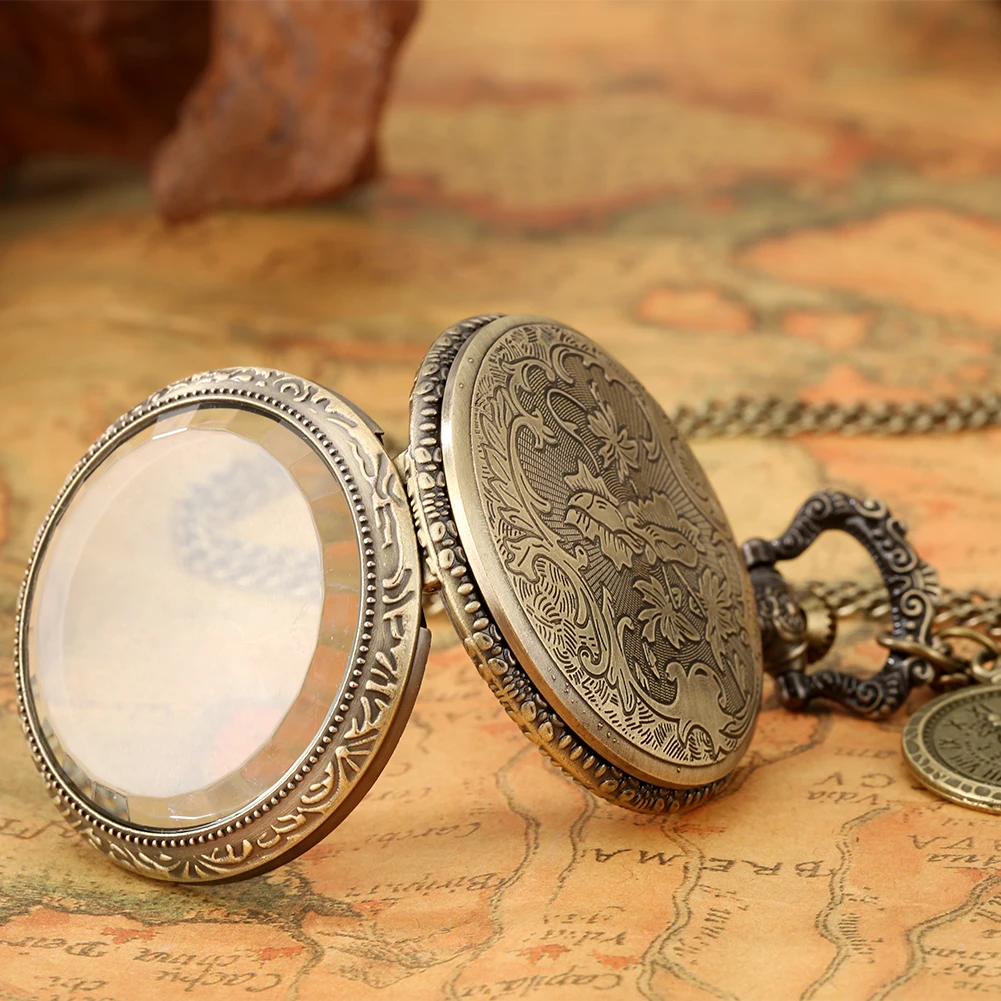 Antike Bronze Doppel Display Taschenuhr Quarz Shell Zifferblatt Fob Uhr Ohne Abdeckung Anhänger Kette Uhr Halskette Souvenir Geschenk