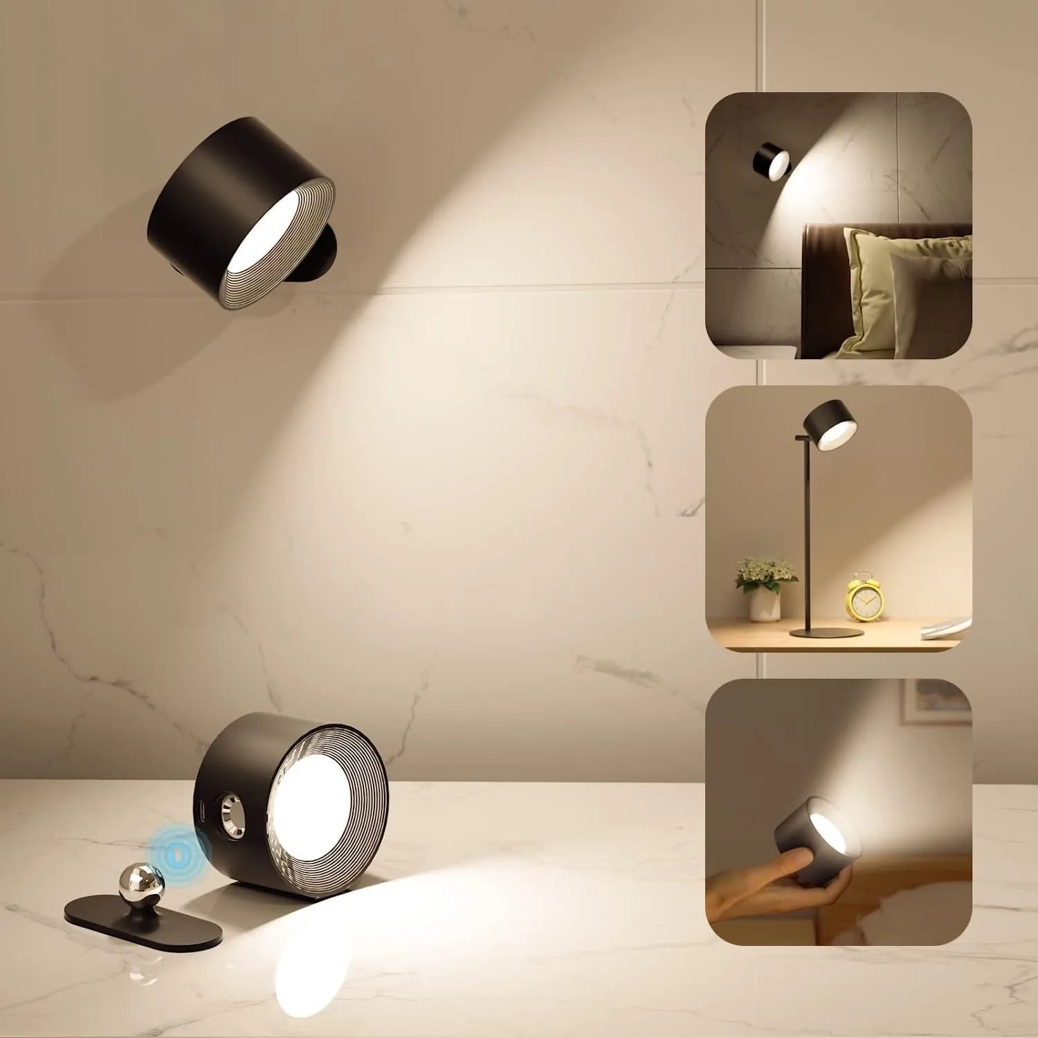 Lâmpada LED Touch Wall com controle remoto, 360 ° Rotatable, USB Recarga, sem fio, portátil, Night Light, cabeceira, Quarto, Lâmpada de leitura