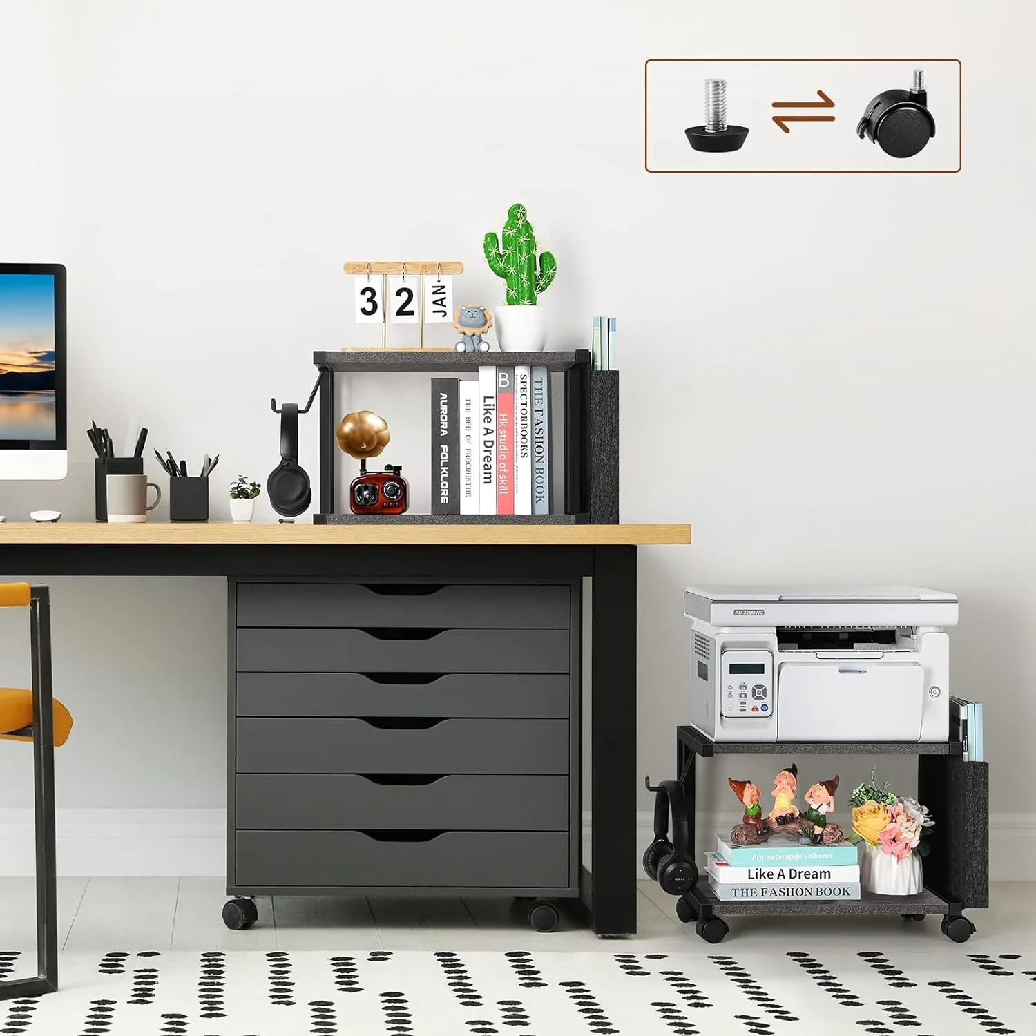 Printer Stand Under Desk Printer Table with Wheels 2 Tier Small Printer Cart with Storage Bag Desktop White Printer Stands