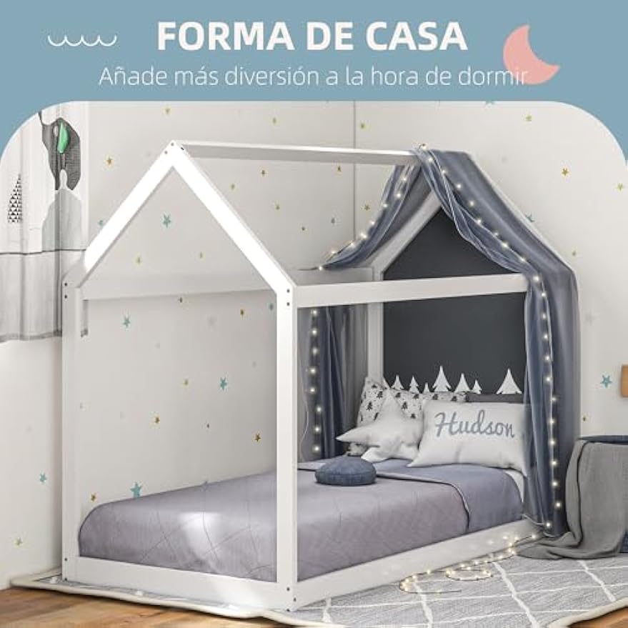 Cama Individual 90x190 cm Estructura de Cama Somier de Madera en Forma de Casa Carga 120 kg para Dormitorio