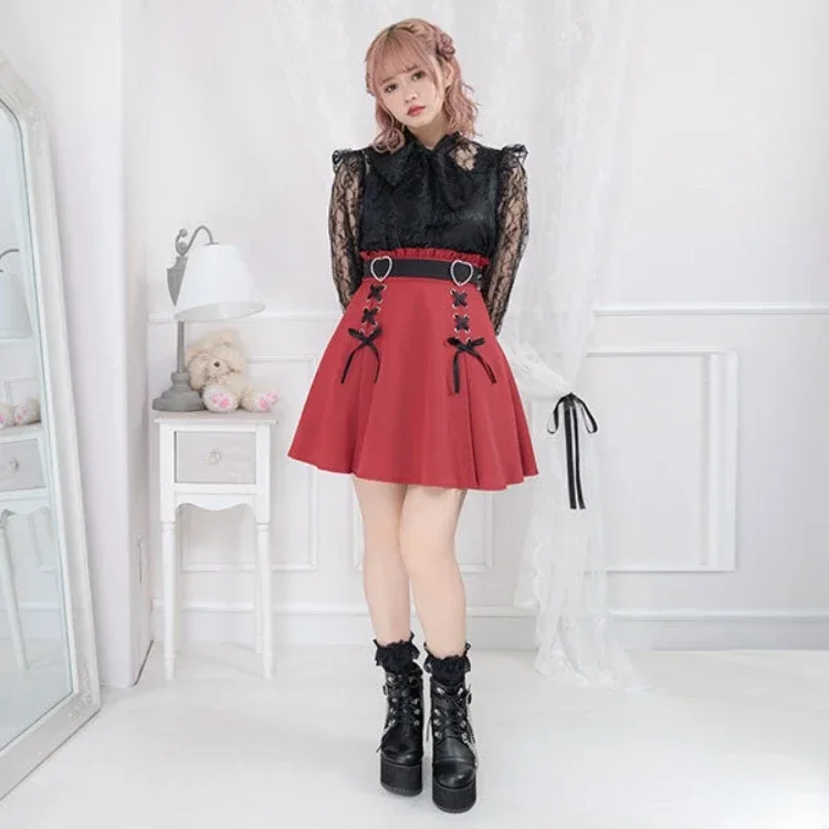 Harajuku Kawaii Gonna oversize per le donne Y2k Grunge Vita alta Fungo Gonne Estetica estiva Lace Up Increspato Faldas Mujer