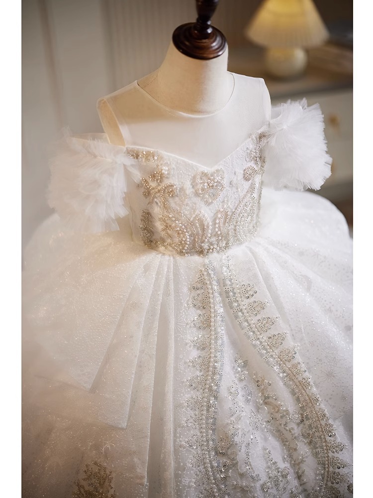 Robe de princesse en dentelle perlée pour enfants, robe de Rhde luxe, fleur de mariage blanche, robe de soirée de Noël pour filles, Off Initiated Trailing