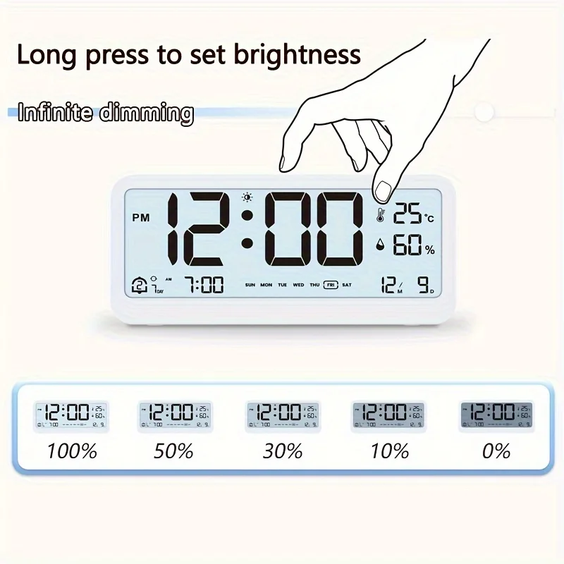 Reloj Digital multifunción Brillo LED Pantalla de temperatura y humedad ajustable Reloj despertador de modo dual