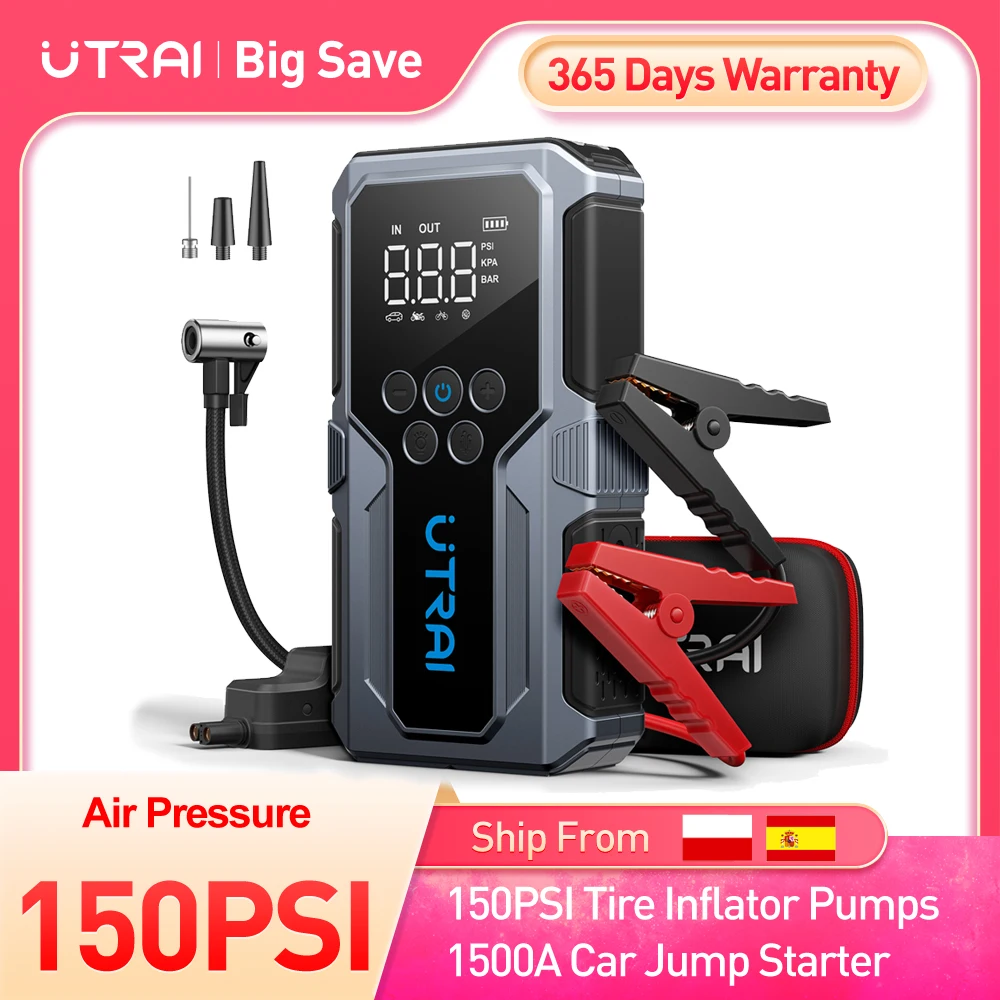 UTRAI 4 EN 1 Compresseur d'air portable pour voiture 150 PSI Gonfleur de pneu Démarreur de secours 1500 A Booster d'urgence Banque d'alimentation portable 55,5 Wh