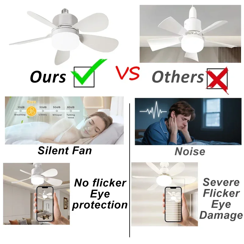 Ventilatore da soffitto con luce con telecomando Luci a 3 colori regolabili a 4 velocità Impostazione timer E27 Ventilatore da soffitto Luci Camera da letto Cucina Garage
