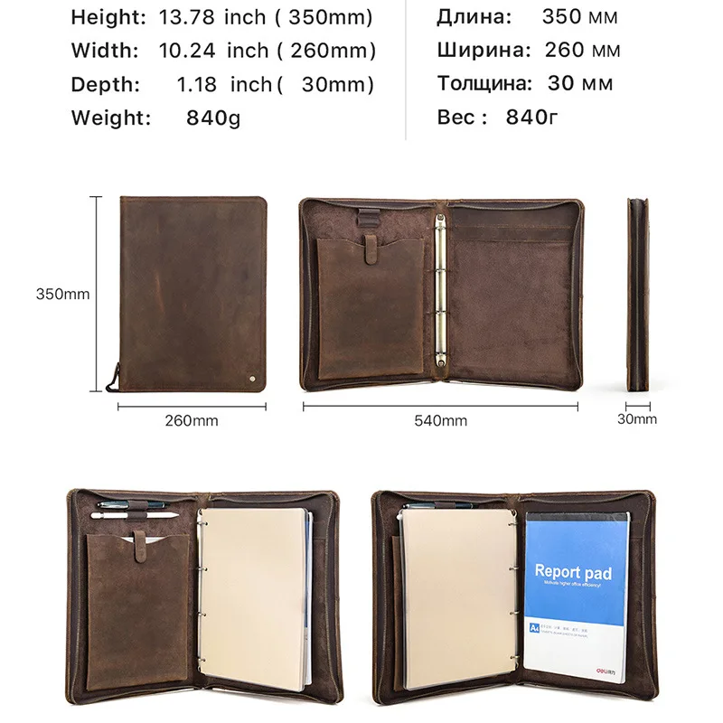 "A4 Notebook Crazy Horse Genuine Leather Cover w/Pen Loop, Fits iPad 11'', Multi-Function 4-Ring Binder, 35x26x3cm 840g"