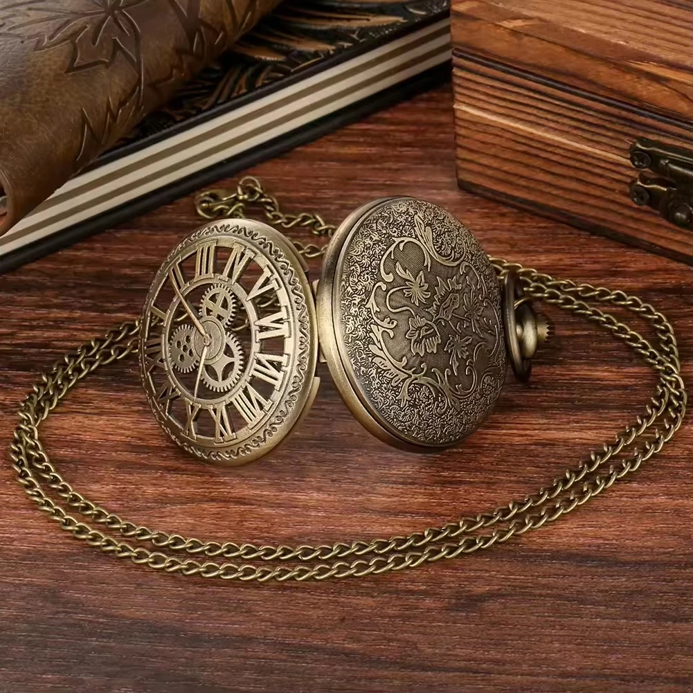Vintage Hollow Steampunk Gear Design Quartz Pocket Watch with Necklace Pendant, World-Time Feature, Pointer Display Pocket Watch