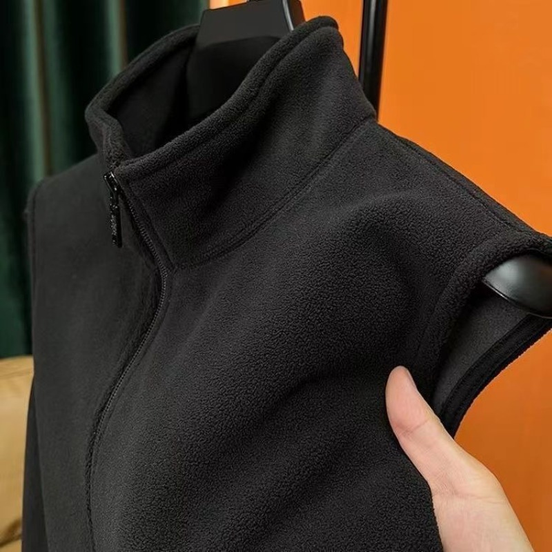 ฤดูใบไม้ร่วงฤดูหนาวPolarขนแกะเสื้อกั๊กผู้ชายWindproofกลางแจ้งแขนกุดสองด้านCoat 2024 Plush Stand Collar Casualเสื้อกั๊ก