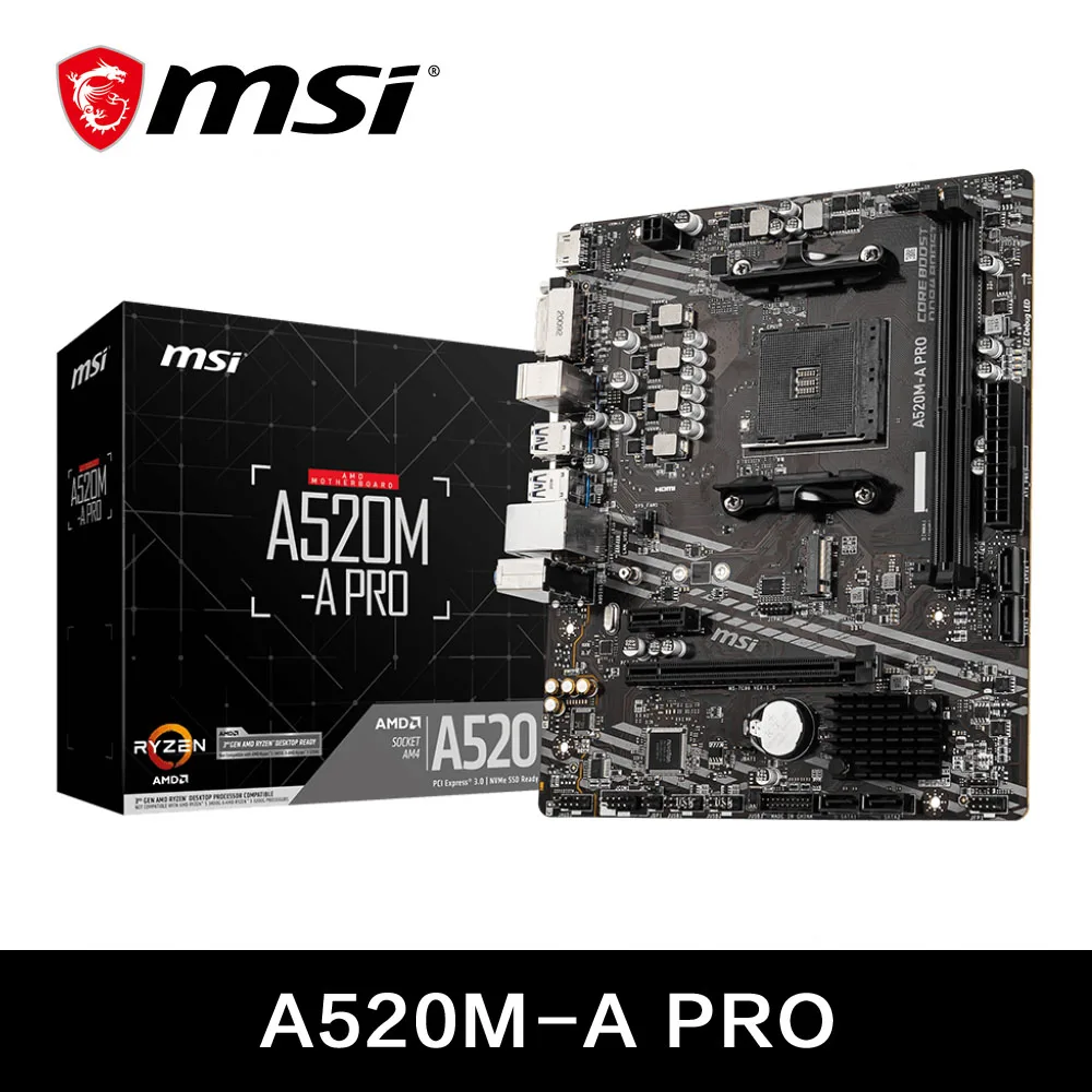 MSI AMD A520M-A PRO Motherboard unterstützt Ryzen CPU R3 R5 R7 5000- und 3000-Serie Mainboard AM4 M.2 NVME Dual Channel DDR4 vollständig neu
