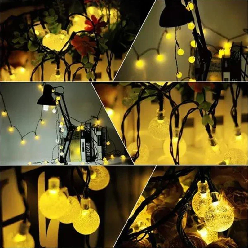 ไฟสตริงพลังงานแสงอาทิตย์กลางแจ้งคริสตัล Fairy Light Christmas Garland 8 โหมดกันน้ํา Patio Light สําหรับ Garden Party Decor
