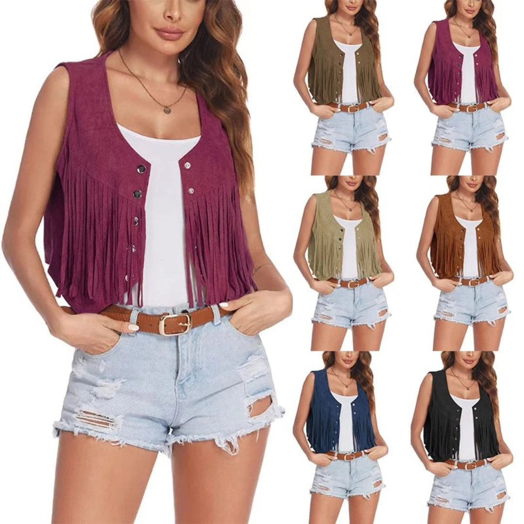 Feminino camurça falsa étnica sem mangas para jaqueta rebite franja borlas hippie frente aberta cardigan vintage cowgirl colete