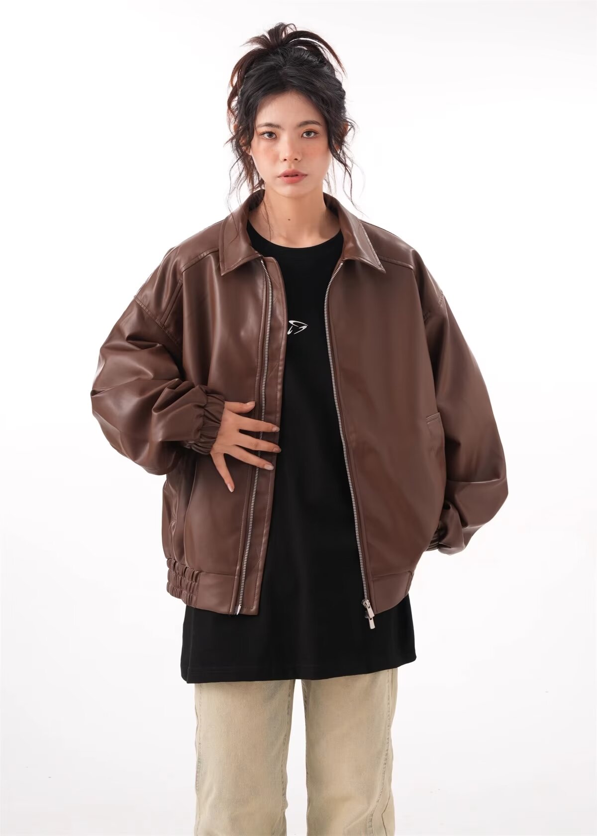 女性用合成皮革ふくらんでいるコート,長袖,ラペル,ジッパー,ヴィンテージ,ストリートウェア,女性のファッション,秋,2024