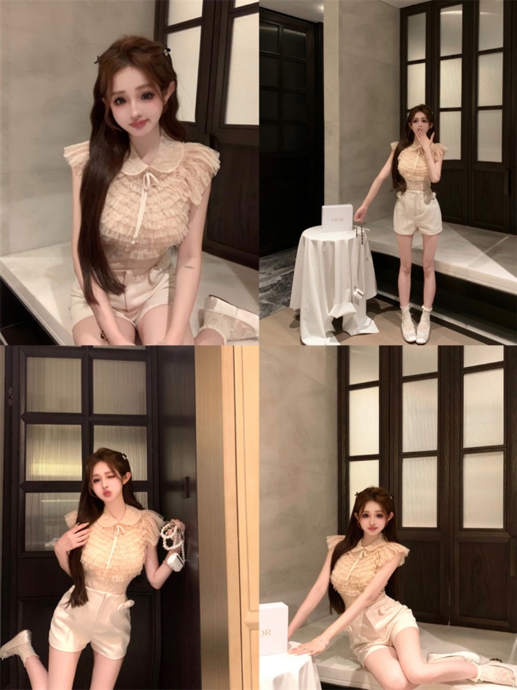 Csa de Chiffon Slim Fit de Manga Curta Moda Fena Estilo Novo de Outono com Laço Borboleta e Gola Reversível