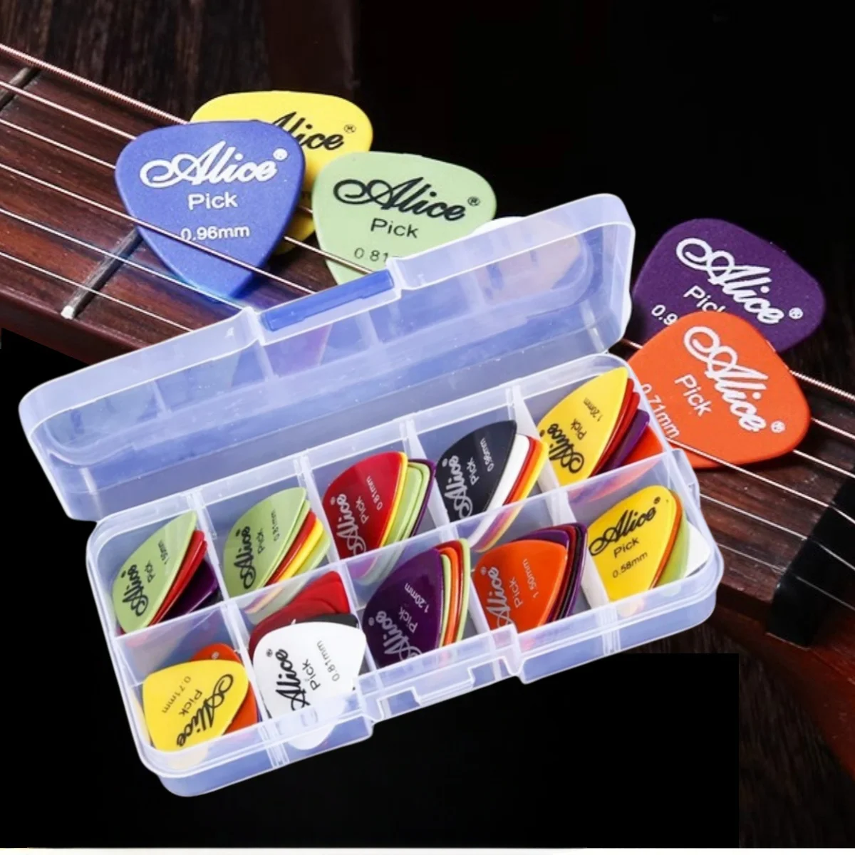 Púa de guitarra Alice, 24/50/100 piezas, púas de guitarra antideslizantes mate de primera calidad ABS mezcladas con caja de púas/para electricidad acústica/bajo/ukelele