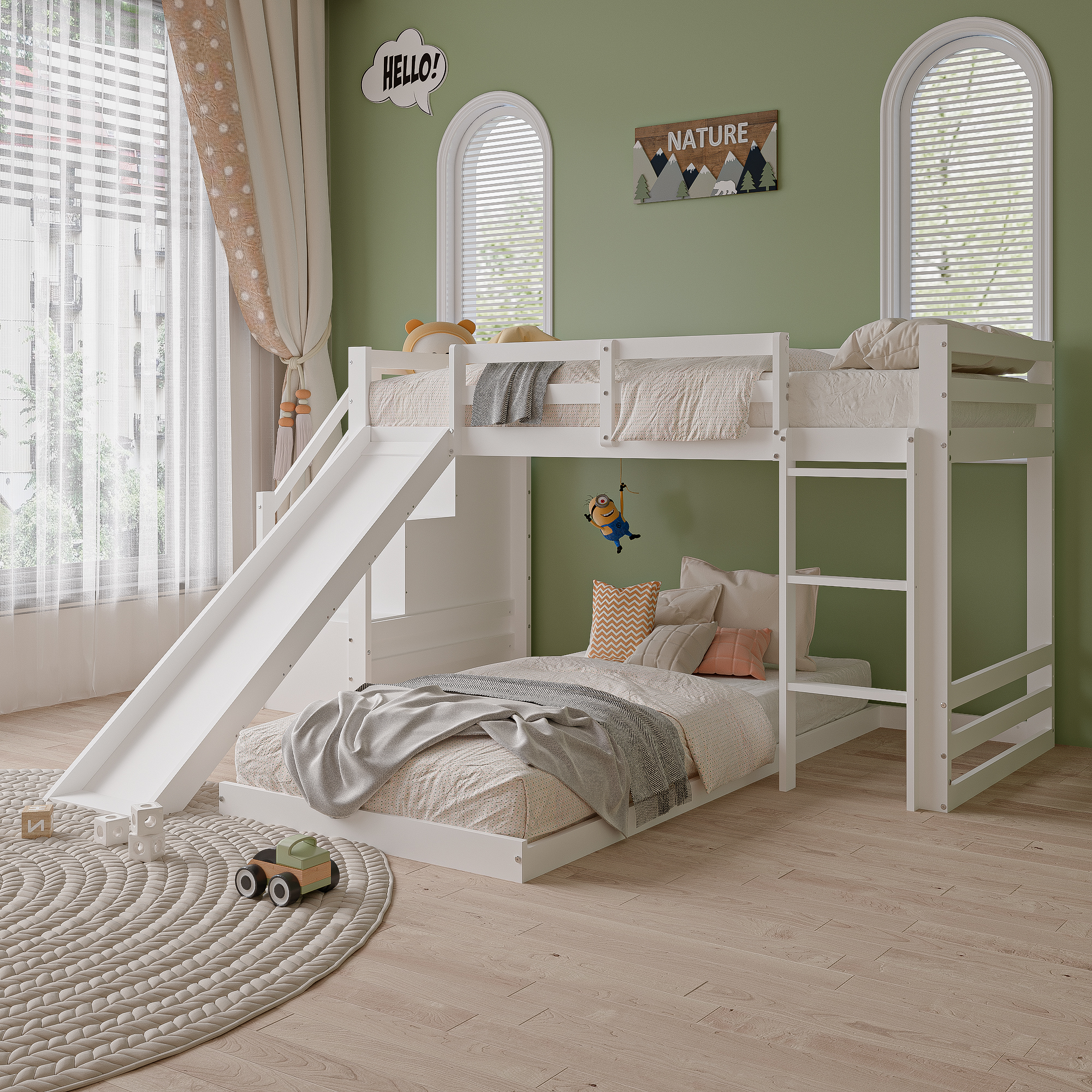 Kinder-Etagenbett 90 * 200 cm Massivholzbett mit Treppe und Rutsche, Treppenregal, Kinderbett für 2 Kinder