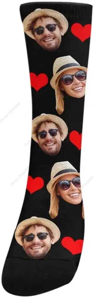 Custom Photo Couple Girlfriend Face Socks Love Heart Crew Socks with 2 Faces for Men Women One Size