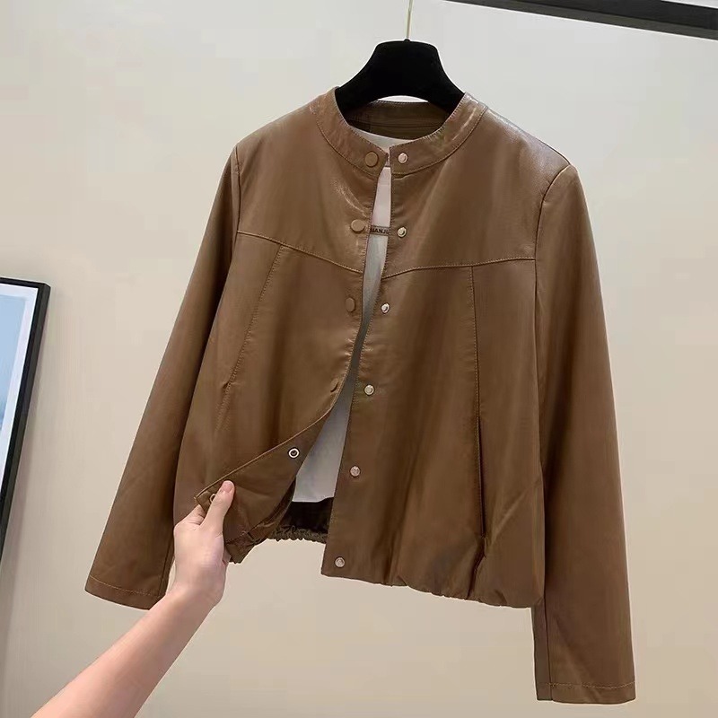 Loose Fit Short Leather Jacket Women's Coat Casual Sle Button Detail Water Washed PU Fabric round Neck Long Sleeve Coat