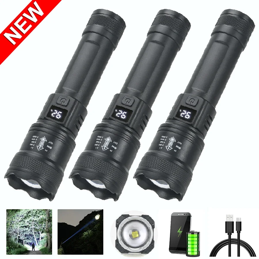1–3 Stück tragbare LED-Taschenlampe, ultrahell, wiederaufladbar über USB, Zoom-Taschenlampe mit Leistungsanzeige, Outdoor-Camping-Angellaterne