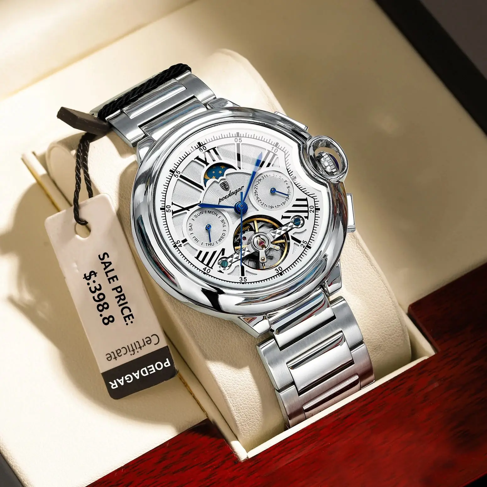Reloj POEDAGAR de lujo para hombre, Tourbillon hueco, reloj mecánico automático para hombre, relojes impermeables con fecha y semana de acero inoxidable para hombre