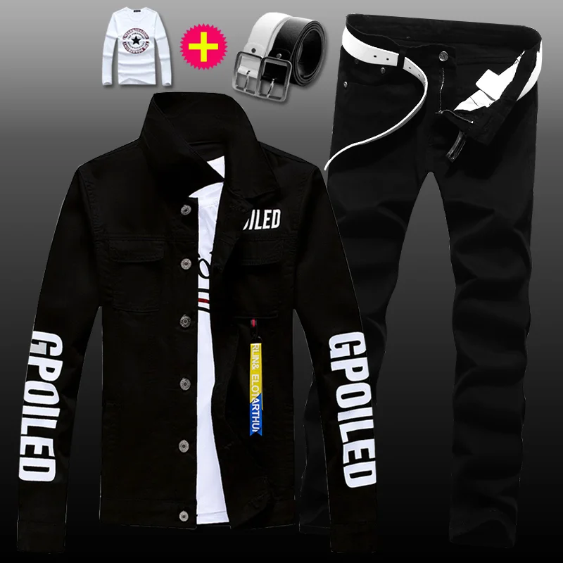 Conjunto de chaqueta vaquera para hombre, pantalones vaqueros ajustados, abrigo informal con letras impresas, con colgante, Color caramelo, 2 uds., novedad