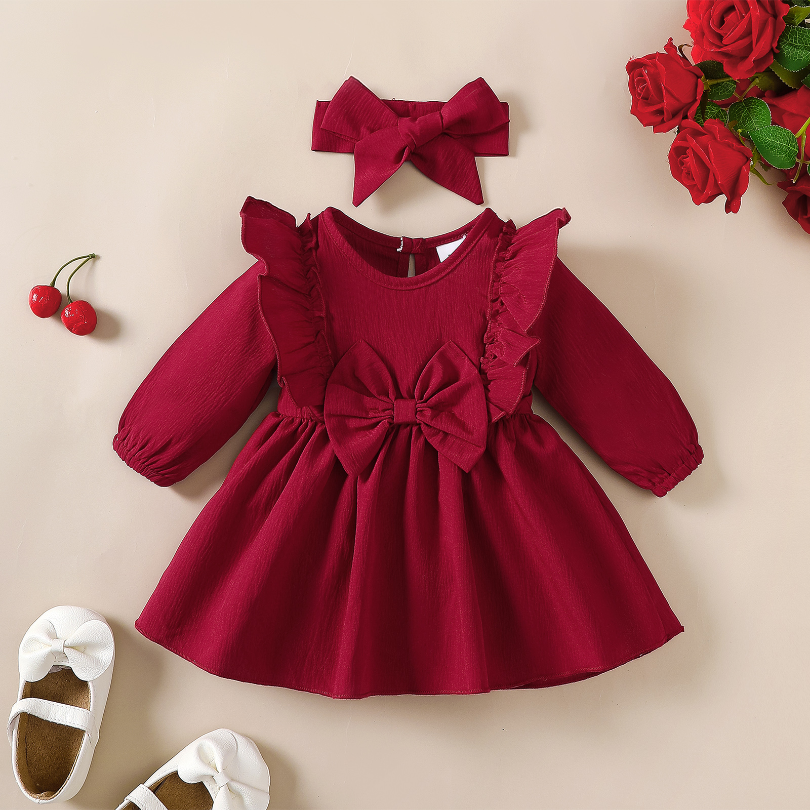 Vestido de otoño para niña, bordes con volantes y lazo, vestido de manga larga + diadema para 0-18 meses, bonito disfraz de fiesta navideña para niña