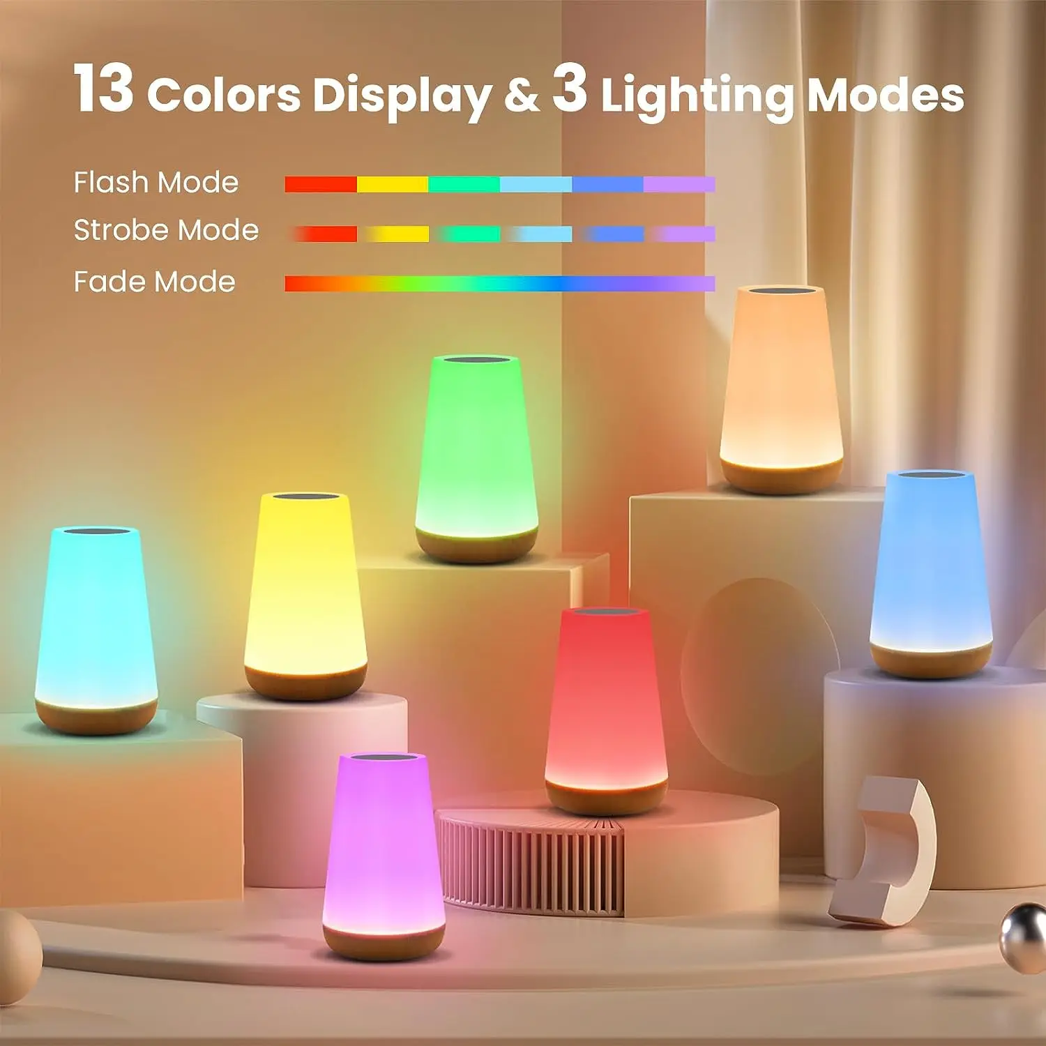 Lámpara nocturna RGB con Control remoto, luz regulable táctil, portátil, recargable por USB, 13 colores