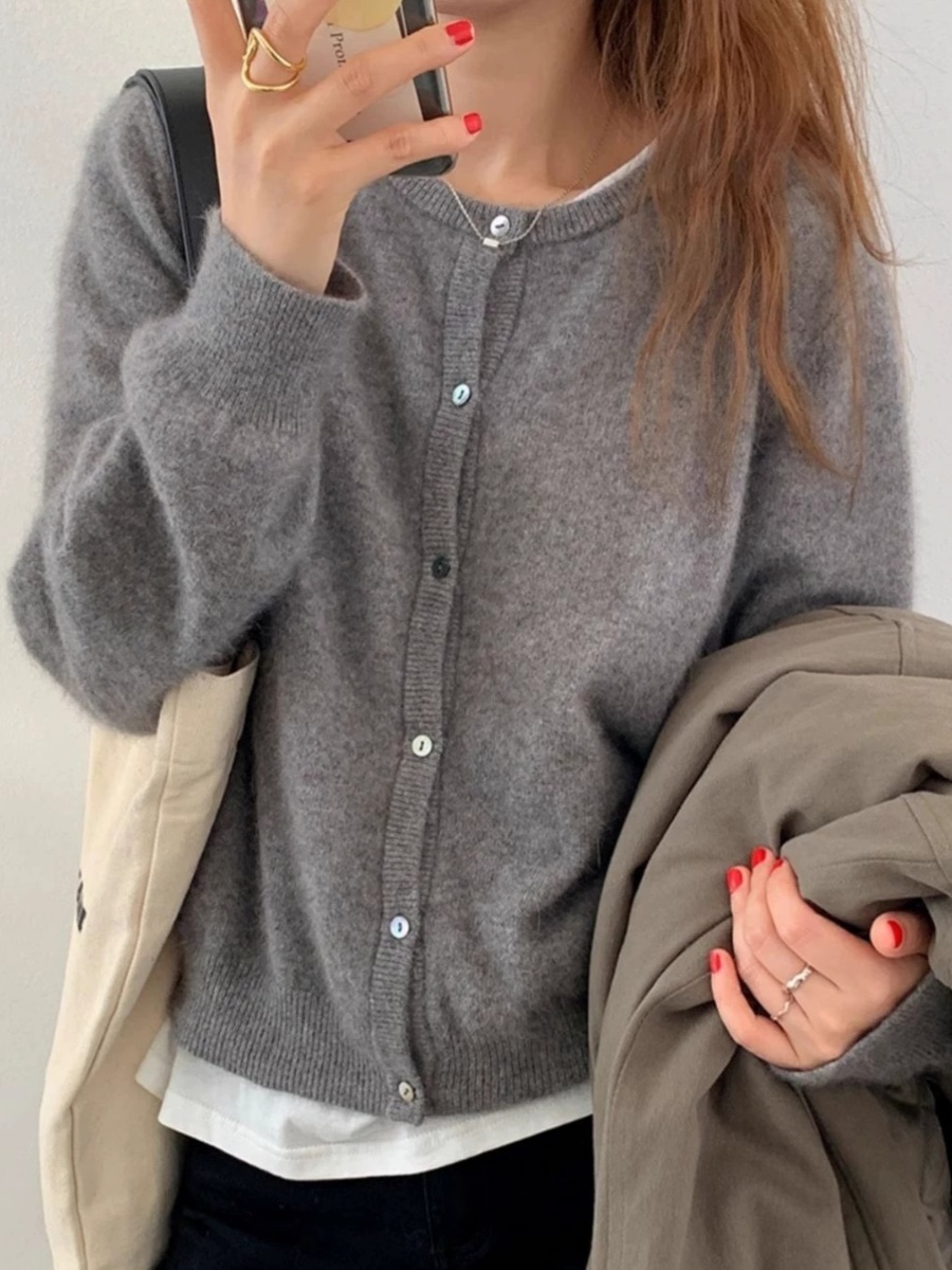 100% カシミヤオープンカーディガン女性のラウンドネックニットセーターアウター秋冬ルーズ多用途ショート痩身ベースレイヤーカシミヤシャツ