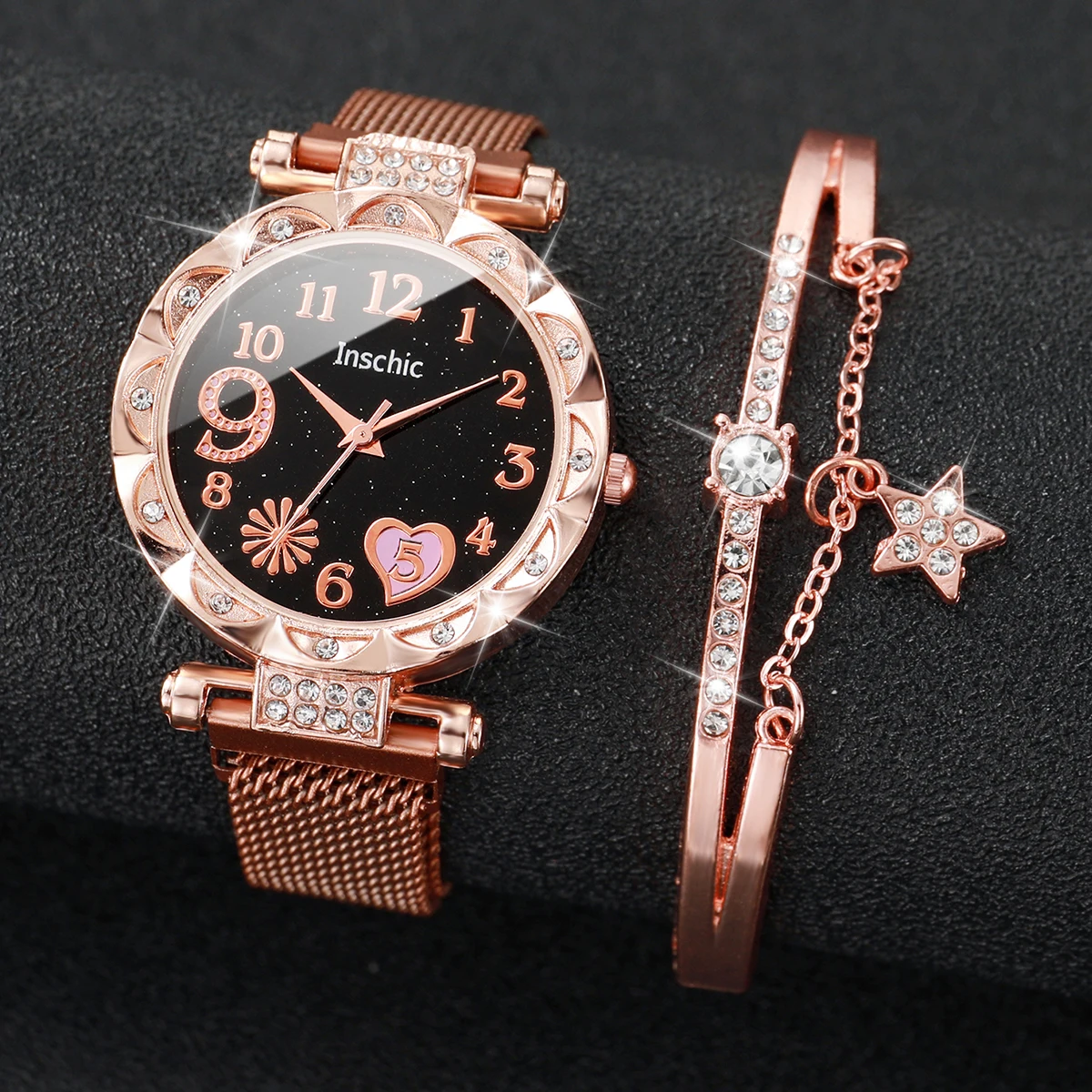2 pçs/set moda flor dial relógio feminino ímã fivela malha banda relógios de quartzo estrela pulseira conjunto (sem caixa)